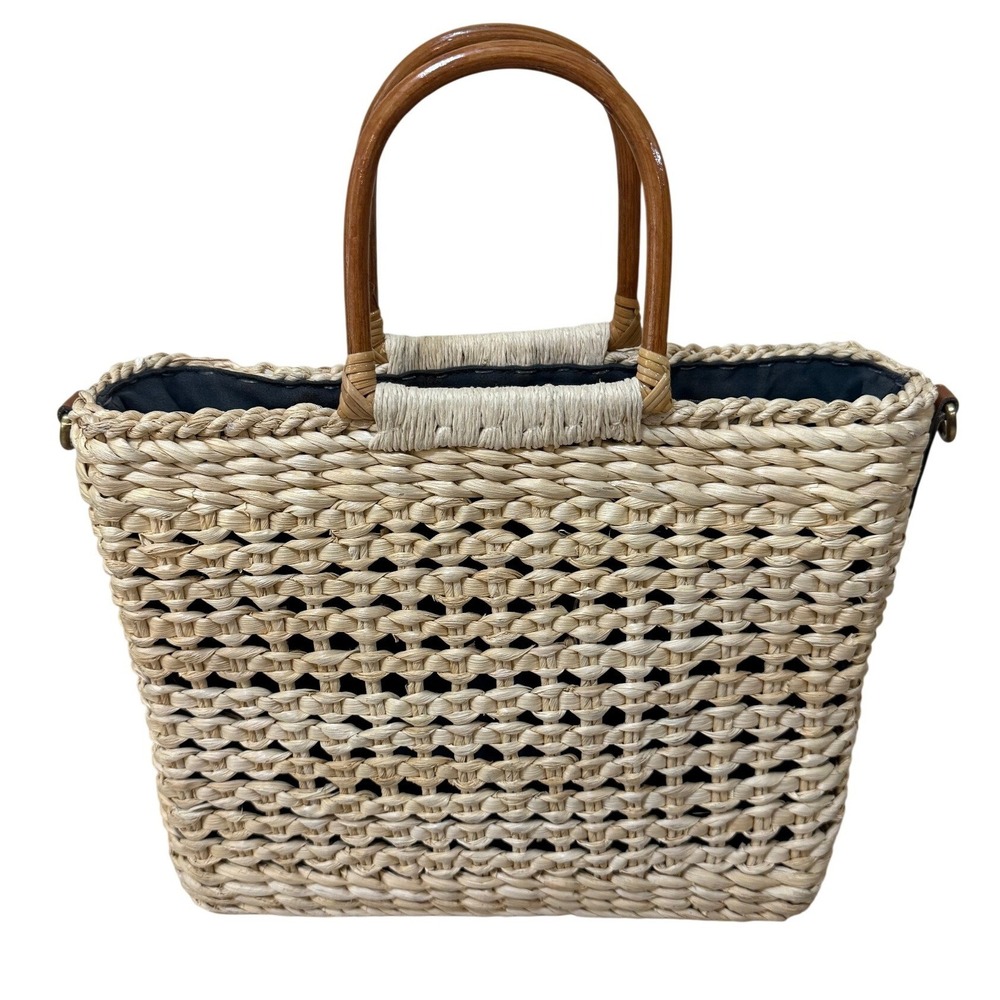 Patricia Nash Women Woven Straw Tote Bag Tan Wood Handle Boho Coastal Summer